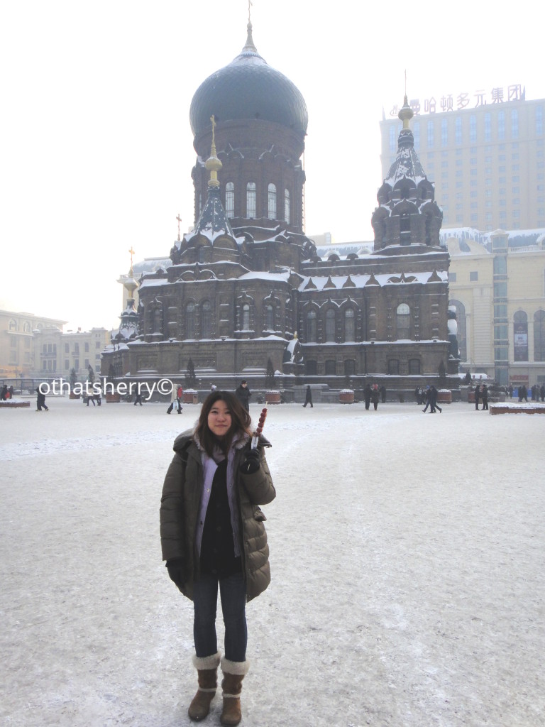 In front of St. Sophia Cathedral (Haerbin, China 2011). Even the sugar-coated plums turned form soft and juicy to completely frozen. 